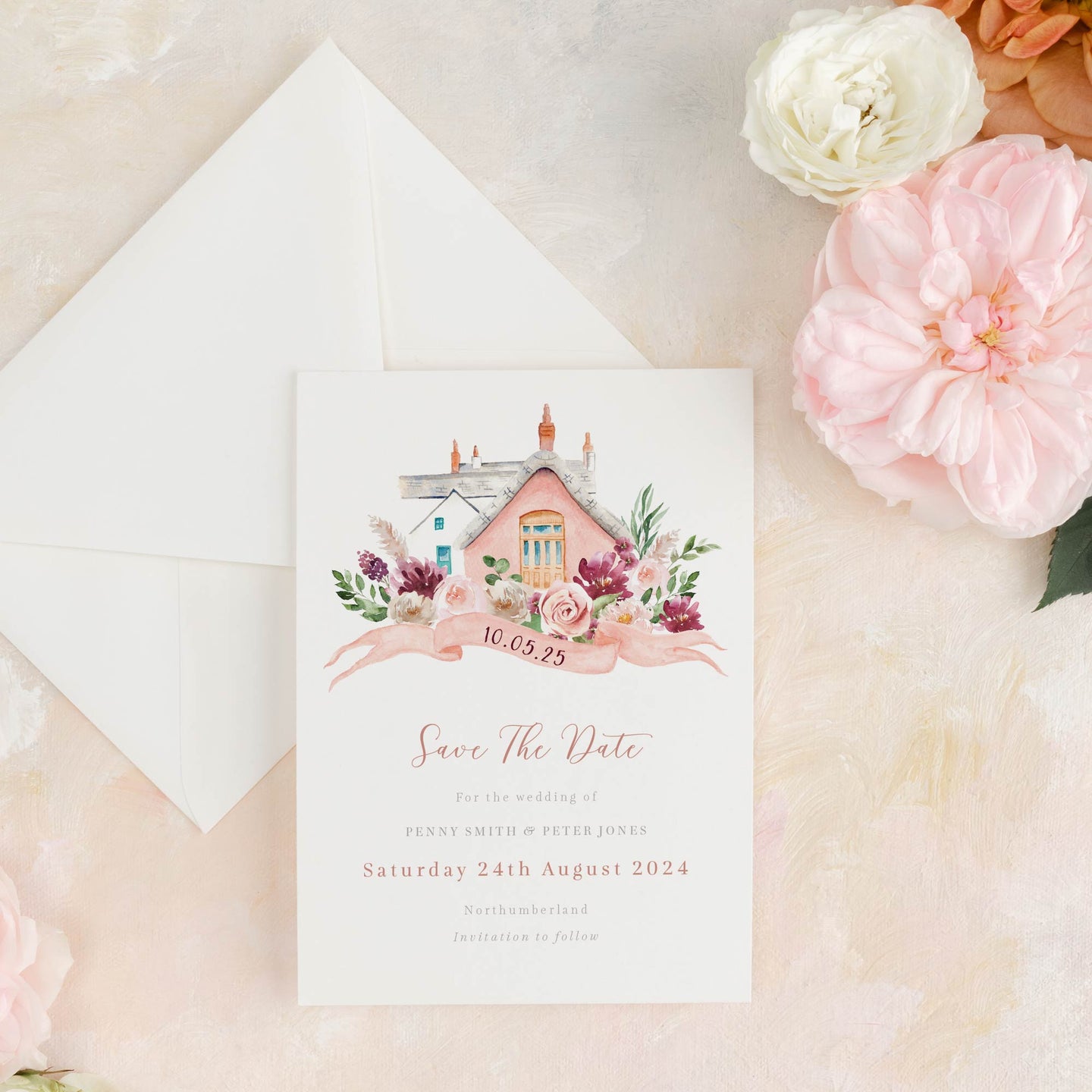 blush pink watercolour venue illustration invitation
